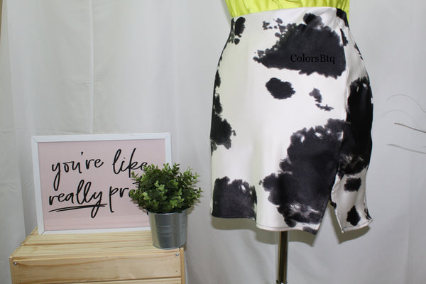 Satin Cow Print Mini Skirt